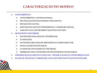  CONCORRÊNCIA
 CONCORRÊNCIA INTERNACIONAL;
 SPE FISCALIZADA PELO PODER CONCEDENTE;
 DIVISÃO EM 4 LOTES;
 SERVIÇOS DE GESTÃO CONDOMINIAL E TRABALHO SOCIAL;
 GARANTIA DA CONTRAPRESTAÇÃO PELO ESTADO.
 QUEM PODE CONCORRER
 SOCIEDADES ISOLADAS OU CONSÓRCIOS;
 FUNDAÇÕES;
 ENTIDADES PRIVADAS DE PREVIDÊNCIA COMPLEMENTAR;
 INSTITUIÇÕES FINANCEIRAS;
 FUNDOS DE INVESTIMENTO DIVERSOS;
 EMPRESAS COM ATIVIDADES DE INVESTIDORAS FINANCEIRAS.
 CRITÉRIO DE JULGAMENTO E SELEÇÃO = MENOR VALOR DA CONTRAPRESTAÇÃO
 PLANO DE NEGÓCIOS: VIABILIDADE ATESTADA POR INSTITUIÇÃO FINANCEIRA
15
CARACTERIZAÇÃO DO MODELO
 