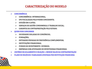  CONCORRÊNCIA
 CONCORRÊNCIA INTERNACIONAL;
 SPE FISCALIZADA PELO PODER CONCEDENTE;
 DIVISÃO EM 4 LOTES;
 SERVIÇOS DE GESTÃO CONDOMINIAL E TRABALHO SOCIAL;
 GARANTIA DA CONTRAPRESTAÇÃO PELO ESTADO.
 QUEM PODE CONCORRER
 SOCIEDADES ISOLADAS OU CONSÓRCIOS;
 FUNDAÇÕES;
 ENTIDADES PRIVADAS DE PREVIDÊNCIA COMPLEMENTAR;
 INSTITUIÇÕES FINANCEIRAS;
 FUNDOS DE INVESTIMENTO DIVERSOS;
 EMPRESAS COM ATIVIDADES DE INVESTIDORAS FINANCEIRAS.
 CRITÉRIO DE JULGAMENTO E SELEÇÃO = MENOR VALOR DA CONTRAPRESTAÇÃO
 PLANO DE NEGÓCIOS: VIABILIDADE ATESTADA POR INSTITUIÇÃO FINANCEIRA
15
CARACTERIZAÇÃO DO MODELO
 