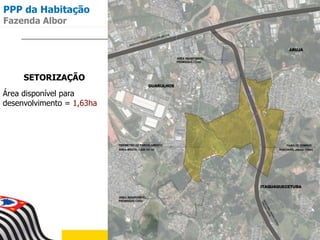 SETORIZAÇÃO
Área disponível para
desenvolvimento = 1,63ha
PPP da Habitação
Fazenda Albor
 