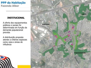INSTITUCIONAL
A oferta dos equipamentos
públicos e sociais foi
determinada em função da
demanda populacional
prevista
A distribuição proposta
atende a critérios espaciais
como raios e áreas de
influência
PPP da Habitação
Fazenda Albor
 