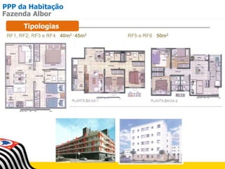 PPP da Habitação
Tipologias
Fazenda Albor
RF1, RF2, RF3 e RF4 40m2 - 45m2 RF5 e RF6 50m2
 