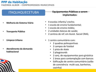 PPP da Habitação
FAZENDA ALBOR - COMPROMISSOS MUNICIPAIS
• Melhoria do Sistema Viário
• Transporte Público
• Limpeza Urbana
• Atendimento da demanda
habitacional
Equipamentos Públicos a serem
implantados:
• 4 escolas infantis/ creche;
• 1 escola de ensino fundamental;
• 1 escola de ensino médio;
• 2 unidades básicas de saúde;
• 2 centros de ref. em Assist. Social CRAS;
• 1 centro comunitário com:
• 2 quadras poliesportivas
• 2 campos de futebol
• 1 pista de skate
• 2 playgrounds
• 2 conj. de equipamentos para ginástica
• 2 áreas para contemplação com bancos
• Edificação de centro comunitário (salão
de convivência multi-uso, banheiros,
cozinha)
ITAQUAQUECETUBA
 