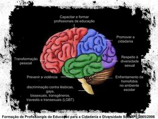 Formação de Profissionais da Educação para a Cidadania e Diversidade Sexual – 2005/2006 Capacitar e formar profissionais da educação Promover a cidadania Respeito à diversidade sexual Enfrentamento da homofobia no ambiente escolar Prevenir a violência discriminação contra lésbicas, gays, bissexuais, transgêneros, travestis e transexuais (LGBT) força A Transformação pessoal 