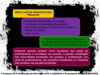 Formação de Profissionais da Educação para a Cidadania e Diversidade Sexual – 2005/2006 RESULTADO DA PRODUÇÃO DOS PROJETOS Atividades relacionadas à formação; Confecção e a publicação de cartilhas; Materiais pedagógicos, educativos, temáticos; Edição de vídeos; Entre outros. Esses materiais podem ser replicados e divulgados, mesmo após o término do projeto, desde que para distribuição pública e gratuita Podemos apontar também como resultados das ações de enfrentamento à homofobia nas escolas, a grande mobilização das comunidades envolvidas nos projetos; a multiplicação, por parte de professores/as, dos conceitos trabalhados e o interesse pela temática nas escolas envolvidas. 