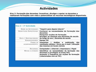 Actividades
Eixo 2- Formação dos docentes: Incentivar, divulgar e apoiar os docentes a
realizarem formações com vista a potencializar os recursos tecnológicos disponíveis.
Eixo 2 – 1ª Actividade
NOME DA ACTIVIDADE: “Inquirir para depois intervir”
OBJECTIVOS ESPECÍFICOS: Conhecer as necessidades de formação dos
docentes
Pesquisar acções de formação
Divulgar as mesmas aos docentes da escola
DATA | DESTINATÁRIOS: Ao longo do ano | Docentes da escola
DINAMIZADORES: Equipa TIC
FORMA DE
ACOMPANHAMENTO:
Inquéritos | Análise e publicação dos
resultados obtidos | Envio por e-mail | Afixação
das mesmas em locais visíveis
RECURSOS: Computador | Internet | Impressora | Papel
METAS A ATINGIR: Identificar as necessidades de formação dos
docentes (a privilegiar as áreas TIC)
Aumenta a frequência em acções de formação
(relacionadas com as TIC)
 