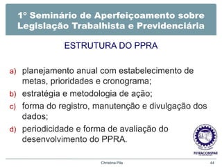1º Seminário de Aperfeiçoamento sobre
Legislação Trabalhista e Previdenciária
ESTRUTURA DO PPRA
a) planejamento anual com estabelecimento de
metas, prioridades e cronograma;
b) estratégia e metodologia de ação;
c) forma do registro, manutenção e divulgação dos
dados;
d) periodicidade e forma de avaliação do
desenvolvimento do PPRA.
Christina Pila 44
 