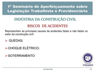 1º Seminário de Aperfeiçoamento sobre
Legislação Trabalhista e Previdenciária
INDÚSTRIA DA CONSTRUÇÃO CIVIL
RISCOS DE ACIDENTES
Christina Pila 70
Representam as principais causas de acidentes fatais e não fatais no
setor da construção civil:
 QUEDAS;
CHOQUE ELÉTRICO;
SOTERRAMENTO
 