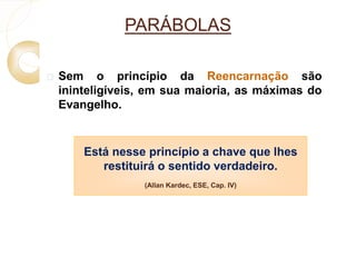 PARÁBOLAS 
 Sem o princípio da Reencarnação são 
ininteligíveis, em sua maioria, as máximas do 
Evangelho. 
Está nesse princípio a chave que lhes 
restituirá o sentido verdadeiro. 
(Allan Kardec, ESE, Cap. IV) 
 