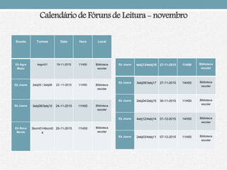 Calendário de Fóruns de Leitura - novembro
Escola Turmas Data Hora Local
Eb Agra
Maior
4agm01 19-11-2015 11H00 Biblioteca
escolar
Eb Joane 2ebj05 / 2ebj06 23 -11-2015 11H00 Biblioteca
escolar
Eb Joane 3ebj08/3ebj10 24-11-2015 11H00 Biblioteca
escolar
Eb Boca
Monte
3bcm01/4bcm0
4
25-11-2015 11H00 Biblioteca
escolar
Eb Joane 4ebj13/4ebj16 27-11-2015 11H00 Biblioteca
escolar
Eb Joane 3ebj09/3ebj17 27-11-2015 14H00 Biblioteca
escolar
Eb Joane 2ebj04/2ebj15 30-11-2015 11H00 Biblioteca
escolar
Eb Joane 4ebj12/4ebj14 01-12-2015 14H00 Biblioteca
escolar
Eb Joane 2ebj03/4ebj11 07-12-2015 11H00 Biblioteca
escolar
 