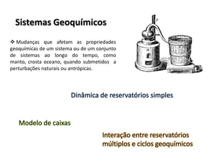 Sistemas Geoquímicos Mudanças que afetam as propriedades geoquímicas de um sistema ou de um conjunto de sistemas ao longo do tempo, como manto, crosta oceano, quando submetidos  a perturbações naturais ou antrópicas.Dinâmica de reservatórios simplesModelo de caixasInteração entre reservatórios múltiplos e ciclos geoquímicos
