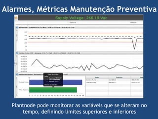 Alarmes, Métricas Manutenção Preventiva

Plantnode pode monitorar as variáveis que se alteram no
tempo, definindo limites superiores e inferiores

 