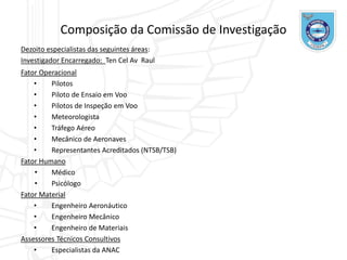 Composição da Comissão de Investigação
Dezoito especialistas das seguintes áreas:
Investigador Encarregado: Ten Cel Av Raul
Fator Operacional
• Pilotos
• Piloto de Ensaio em Voo
• Pilotos de Inspeção em Voo
• Meteorologista
• Tráfego Aéreo
• Mecânico de Aeronaves
• Representantes Acreditados (NTSB/TSB)
Fator Humano
• Médico
• Psicólogo
Fator Material
• Engenheiro Aeronáutico
• Engenheiro Mecânico
• Engenheiro de Materiais
Assessores Técnicos Consultivos
• Especialistas da ANAC
 