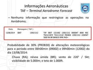 Informações Aeronáuticas
TAF – Terminal Aerodrome Forecast
– Nenhuma informação que restringisse as operações no
Aeródromo;
Probabilidade de 30% (PROB30) de alterações meteorológicas
para o período entre 06h00min (0900Z) e 09h00min (1200Z) do
dia 13/08/2014:
Chuva (RA); névoa úmida (BR); vento de 220° / 5kt;
visibilidade de 5.000m; e teto de 1.000ft.
 