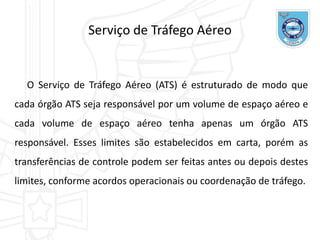 Serviço de Tráfego Aéreo
O Serviço de Tráfego Aéreo (ATS) é estruturado de modo que
cada órgão ATS seja responsável por um volume de espaço aéreo e
cada volume de espaço aéreo tenha apenas um órgão ATS
responsável. Esses limites são estabelecidos em carta, porém as
transferências de controle podem ser feitas antes ou depois destes
limites, conforme acordos operacionais ou coordenação de tráfego.
 
