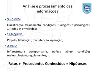 Análise e processamento das
informações
• O HOMEM
Qualificação, treinamento, condições fisiológicas e psicológicas,
...(todos os envolvidos)
• A MÁQUINA
Projeto, fabricação, manutenção, operação, ...
• O MEIO
Infraestrutura aeroportuária, tráfego aéreo, condições
meteorológicas, regulamentos, ...
Fatos + Precedentes Conhecidos = Hipóteses
 