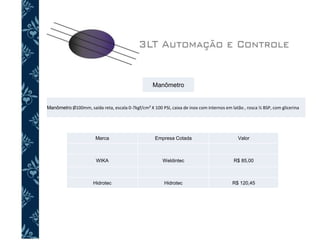 Manômetro
Manômetro Ø100mm, saída reta, escala 0-7kgf/cm² X 100 PSI, caixa de inox com internos em latão , rosca ½ BSP, com glicerina
Marca Empresa Cotada Valor
WIKA Weldintec R$ 85,00
Hidrotec Hidrotec R$ 120,45
 