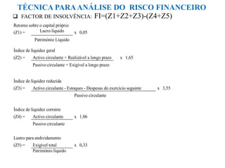 TÉCNICA PARAANÁLISE DO RISCO FINANCEIRO
 FACTOR DE INSOLVÊNCIA: FI=(Z1+Z2+Z3)-(Z4+Z5)
Retorno sobre o capital próprio
(Z1) = Lucro líquido x 0,05
Património Líquido
Índice de liquidez geral
(Z2) = Activo circulante + Realizável a longo prazo x 1,65
Passivo circulante + Exigível a longo prazo
Índice de liquidez reduzida
(Z3) = Activo circulante - Estoques - Despesas do exercício seguinte x 3,55
Passivo circulante
Índice de liquidez corrente
(Z4) = Activo circulante x 1,06
Passivo circulante
Lastro para endividamento
(Z5) = Exigível total x 0,33
Património líquido
 