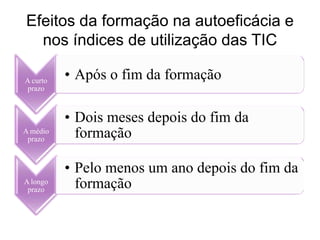 Efeitos da formação na autoeficácia e
  nos índices de utilização das TIC

A curto
          • Após o fim da formação
 prazo



          • Dois meses depois do fim da
A médio
 prazo
            formação

          • Pelo menos um ano depois do fim da
A longo
 prazo
            formação
 