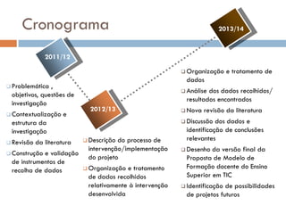 Cronograma                                                          2013/14


               2011/12

                                                            Organização     e tratamento de
                                                            dados
 Problemática ,
                                                            Análisedos dados recolhidos/
 objetivos, questões de
                                                            resultados encontrados
 investigação
                              2012/13                       Nova   revisão da literatura
 Contextualização    e
 estrutura da                                               Discussão dos dados e
 investigação                                               identificação de conclusões
                             Descriçãodo processo de       relevantes
 Revisão   da literatura
                             intervenção/implementação      Desenho da versão final da
 Construçãoe validação
                             do projeto                     Proposta de Modelo de
 de instrumentos de
                             Organização e tratamento      Formação docente do Ensino
 recolha de dados
                             de dados recolhidos            Superior em TIC
                             relativamente à intervenção    Identificaçãode possibilidades
                             desenvolvida                   de projetos futuros
 