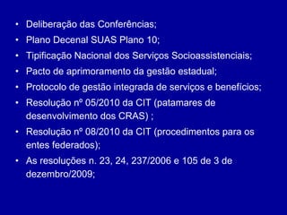 Deliberação das Conferências; Plano Decenal SUAS Plano 10; Tipificação Nacional dos Serviços Socioassistenciais; Pacto de aprimoramento da gestão estadual; Protocolo de gestão integrada de serviços e benefícios; Resolução nº 05/2010 da CIT (patamares de desenvolvimento dos CRAS) ; Resolução nº 08/2010 da CIT (procedimentos para os entes federados); As resoluções n. 23, 24, 237/2006 e 105 de 3 de dezembro/2009; 