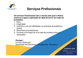 Serviços Profissionais

Os serviços Profissionais são o veículo pelo qual o Rotary
promove e apóia a aplicação do ideal de servir em todas as
profissões
1. Ética
2. Integridade
3. Incentiva o uso de habilidades na resolução de problemas
   sociais
4. Reconhece os profissionais
5. Fomenta a formação de uma rede de contatos entre os
   associados


 Divulgar :
 a Prova Quádrupla
 Declaração de Executivos e Profissionais Rotarianos
 
