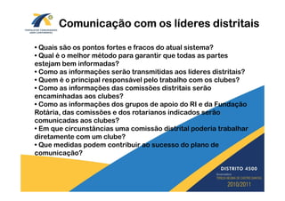 Comunicação com os líderes distritais

• Quais são os pontos fortes e fracos do atual sistema?
• Qual é o melhor método para garantir que todas as partes
estejam bem informadas?
• Como as informações serão transmitidas aos líderes distritais?
• Quem é o principal responsável pelo trabalho com os clubes?
• Como as informações das comissões distritais serão
encaminhadas aos clubes?
• Como as informações dos grupos de apoio do RI e da Fundação
Rotária, das comissões e dos rotarianos indicados serão
comunicadas aos clubes?
• Em que circunstâncias uma comissão distrital poderia trabalhar
diretamente com um clube?
• Que medidas podem contribuir ao sucesso do plano de
comunicação?
 