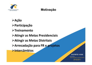 Motivação


Ação
Participação
Treinamento
Atingir as Metas Presidenciais
Atingir as Metas Distritais
Arrecadação para FR e projetos
Intercâmbios
 