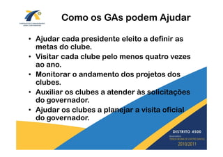 Como os GAs podem Ajudar

• Ajudar cada presidente eleito a definir as
  metas do clube.
• Visitar cada clube pelo menos quatro vezes
  ao ano.
• Monitorar o andamento dos projetos dos
  clubes.
• Auxiliar os clubes a atender às solicitações
  do governador.
• Ajudar os clubes a planejar a visita oficial
  do governador.
 