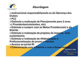 Abordagem

 motivacional responsabilizando-os da liderança dos
Clubes
 PLC
 Estimulo a realização de Planejamento para 3 anos
 ( Presidentes/comissões, etc)
 Estimulo a cumprir com as Metas Presidenciais e do
Distrito
 Estimulo a realização de projetos de impacto, auto-
sustentáveis;
 Estimulo a realização de Alfabetização e
Profissionalização de jovens e Adultos
 Acesso ao portal RI
 Comunicação com o Distrito e com a Governadora

                          3
 