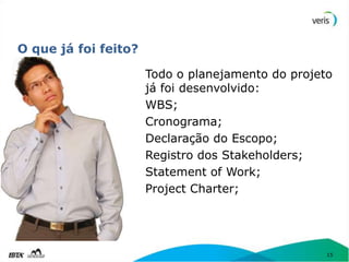 O que já foi feito?

                      Todo o planejamento do projeto
                      já foi desenvolvido:
                      WBS;
                      Cronograma;
                      Declaração do Escopo;
                      Registro dos Stakeholders;
                      Statement of Work;
                      Project Charter;




                                                   15
 
