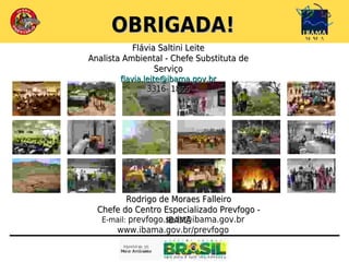 OBRIGADA!
           Flávia Saltini Leite
Analista Ambiental - Chefe Substituta de
                 Serviço
        flavia.leite@ibama.gov.br
                3316- 1855




          Rodrigo de Moraes Falleiro
  Chefe do Centro Especializado Prevfogo -
   E-mail: prevfogo.sede@ibama.gov.br
                    IBAMA
      www.ibama.gov.br/prevfogo
 