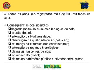 Todos os anos são registrados mais de 200 mil focos de
calor.

 Consequências dos incêndios:
  degradação físico-química e biológica do solo;
   erosão do solo;
   alteração da biodiversidade;
   diminuição da qualidade do ar (poluição);
   mudança na dinâmica dos ecossistemas;
   alteração de regimes hidrológicos;
   danos às nascentes de rios;
   aquecimento global;
   danos ao patrimônio público e privado; entre outros.
 