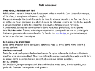 Texto Instrucional
Onze Horas, a felicidade em flor!
Felicidade é… ver suas Onze Horas florescerem todas as manhãs. Com cores e formas que,
só de olhar, já energizam a alma e o coração!
O espetáculo no jardim tem início perto da hora do almoço, quando o sol fica mais forte, e
os botões de flores começam a se abrir. A magia da natureza termina ao fim do dia, quando
o sol vai descansar. É hora de se recolher e renovar as forças para um novo dia.
A Onze Horas, conhecida cientificamente como Portulaca grandiflora, é uma planta
bem fácil de cuidar. É muito indicada para quem está começando na arte da jardinagem.
Toda essa generosidade vem de família. Da família das suculentas, as gorduchinhas que
amam o sol e bebem pouca água.
Como cuidar da Onze Horas
Saiba como preparar o solo adequado, aprenda a regá-la, e veja como mimá-la com o
adubo perfeito.
Muda ou semente?
Tanto faz, você pode plantá-la das duas formas. Se optar pela muda, tenha o cuidado de
escolher uma planta saudável. Observe a coloração, o aspecto da planta, e veja se está livre
de pragas como a cochonilha (um pontinho branco que parece algodão).
Sol ou sombra?
Sol. Muito sol, sempre que possível. Ela também vive muito bem, à meia-sombra, mas
pode não florescer tanto quanto você gostaria…
 