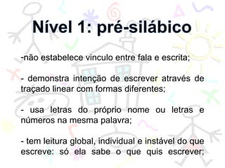 não estabelece vinculo entre fala e escrita; - demonstra intenção de escrever através de traçado linear com formas diferentes; - usa letras do próprio nome ou letras e números na mesma palavra; - tem leitura global, individual e instável do que escreve: só ela sabe o que quis escrever; 