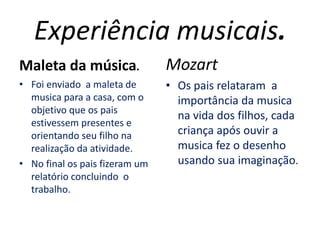 Experiência musicais.
Maleta da música.
• Foi enviado a maleta de
musica para a casa, com o
objetivo que os pais
estivessem presentes e
orientando seu filho na
realização da atividade.
• No final os pais fizeram um
relatório concluindo o
trabalho.
Mozart
• Os pais relataram a
importância da musica
na vida dos filhos, cada
criança após ouvir a
musica fez o desenho
usando sua imaginação.
 