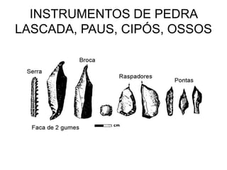 INSTRUMENTOS DE PEDRA
LASCADA, PAUS, CIPÓS, OSSOS
 