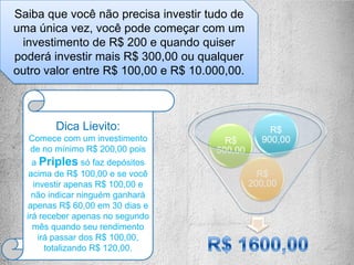 Nível Pessoas
Valor
Inicial
% do
cadastro
TOTAL
1° 3 R$ 300,00 40% 360,00
2° 9 R$ 300,00 20% 540,00
3° 27 R$ 300,00 10% 810,00
4° 81 R$ 300,00 5% 1215,00
5° 243 R$ 300,00 1% 729,00
3654,00Ensine a sua rede a fazer o mesmo e ganhe até o 5° nível
Simulação
Veja quanto podes ganhar indicando apenas 3 pessoas
 