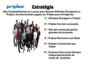 Nós Compartilhamos os Lucros para Nossos Afiliados Divulgarem o
Priples, Os Anunciantes pagam ao Priples para divulgá-los.
1º - Afiliados Divulgam o Priples
2º - Priples fica bem acessado
3º - Site bem acessado ganha
grandes Anunciantes
4º - Priples Remunera sua Rede
5º - Priples é Conhecido por
Todos
6º - Empresa fatura para Sempre
independentemente de
venda de produtos.
 