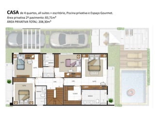 CASA de 4 quartos, all suites + escritório, Piscina privativa e Espaço Gourmet.
Área privativa 2º pavimento: 83,71m²
ÁREA PRIVATIVA TOTAL: 208,30m²
 