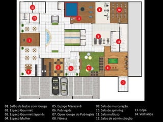 01. Salão de festas com lounge   05. Espaço Maracanã             09. Sala de musculação
02. Espaço Gourmet               06. Pub inglês                  10. Sala de spinning       13. Copa
03. Espaço Gourmet Japonês       07. Open lounge do Pub inglês   11. Sala multiuso          14. Vestiários
04. Espaço Mulher                08. Fitness                     12. Salas de administração
 