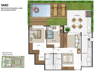 YARD
Apto térreo de 2 quartos, 1 suíte
Área privativa: 99,41m²




  Blocos 01 e 04
  Colunas 03 e 04
 