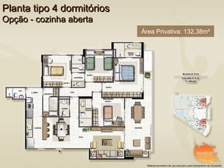 Planta tipo 4 dormitórios
Opção - cozinha aberta
                            Área Privativa: 132,38m²




                              Material provisório de uso exclusivo para treinamento de corretores
 
