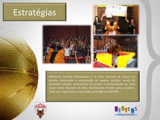 Estratégias




         Bilheteria (vendas antecipadas e no dia), controle de acesso ao
         ginásio, iluminação e sonorização de quadra, locução, venda de
         camisetas oficiais, animadoras de quadra e humanização do Lobo
         Guará como Mascote do time, distribuindo brindes para o público.
         Tudo isso organizado e executado pela Agência SISTERS.
 