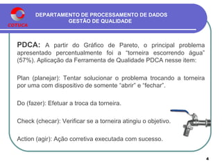 DEPARTAMENTO DE PROCESSAMENTO DE DADOS
GESTÃO DE QUALIDADE
PDCA: A partir do Gráfico de Pareto, o principal problema
apresentado percentualmente foi a “torneira escorrendo água”
(57%). Aplicação da Ferramenta de Qualidade PDCA nesse
item:
4
PDCA
Plan (planejar): Tentar solucionar o problema trocando a torneira por
uma com dispositivo de somente “abrir” e “fechar”.
Do (fazer): Efetuar a troca da torneira.
Check (checar): Verificar se a torneira atingiu o objetivo.
Action (agir): Ação corretiva executada com sucesso.
 