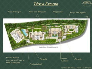 Portaria Portaria Acesso Veículos Praça da Chegada Estar com Belvedere Piscina Adultos  com raia de 20 metros Deck e Solarium Piscina Infantil Playground Pista de Cooper Térreo Externo Rua Professor Alexandre Correa, 300 MATERIAL PRELIMINAR – SUJETO A ALTERAÇÕES 