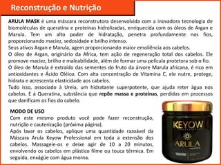 Reconstrução e Nutrição
ARULA MASK é uma máscara reconstrutora desenvolvida com a inovadora tecnologia de
biomoléculas de queratina e proteínas hidrolizadas, enriquecida com os óleos de Argan e
Marula. Tem um alto poder de hidratação, penetra profundamente nos fios,
proporcionando maciez, sedosidade e brilho intenso.
Seus ativos Argan e Marula, agem proporcionando maior emoliência aos cabelos.
O óleo de Argan, originário da Africa, tem ação de regeneração total dos cabelos. Ele
promove maciez, brilho e maleabilidade, além de formar uma película protetora sob o fio.
O óleo de Marula é extraído das sementes do fruto da árvore Marula africana, é rico em
antioxidantes e Ácido Oléico. Com alta concentração de Vitamina C, ele nutre, protege,
hidrata e acrescenta elasticidade aos cabelos.
Tudo isso, associado à Ureia, um hidratante superpotente, que ajuda reter água nos
cabelos. E à Queratina, substância que repõe massa e proteínas, perdidas em processos
que danificam os fios do cabelo.
MODO DE USO
Com este mesmo produto você pode fazer reconstrução,
nutrição e cauterização (próxima página).
Após lavar os cabelos, aplique uma quantidade razoável da
Máscara Arula Keyow Professional em toda a extensão dos
cabelos. Massageie-os e deixe agir de 10 a 20 minutos,
envolvendo os cabelos em plástico filme ou touca térmica. Em
seguida, enxágüe com água morna.
 