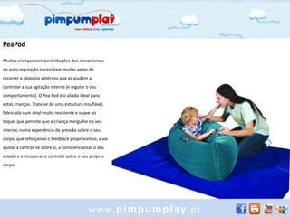 PeaPod

Muitas crianças com perturbações dos mecanismos
de auto-regulação necessitam muitas vezes de
recorrer a objectos externos que as ajudem a
controlar a sua agitação interna (e regular o seu
comportamento). O Pea Pod é o aliado ideal para
estas crianças. Trata-se de uma estrutura insuflável,
fabricada num vinyl muito resistente e suave ao
toque, que permite que a criança mergulhe no seu
interior, numa experiência de pressão sobre o seu
corpo, que reforçando o feedback propriocetivo, a vai
ajudar a centrar-se sobre si, a consciencializar o seu
estado e a recuperar o controlo sobre o seu próprio
corpo.




                                             www.pimpumplay.pt
 