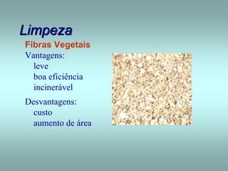 Limpeza
Fibras Vegetais
Vantagens:
leve
boa eficiência
incinerável
Desvantagens:
custo
aumento de área
 