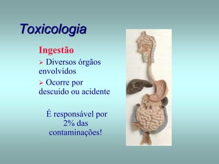Toxicologia
Ingestão
 Diversos órgãos
envolvidos
 Ocorre por
descuido ou acidente
É responsável por
2% das
contaminações!
 
