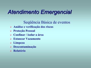 Atendimento Emergencial
Seqüência Básica de eventos
 Análise e verificação dos riscos
 Proteção Pessoal
 Confinar / isolar a área
 Estancar Vazamento
 Limpeza
 Descontaminação
 Relatório
 